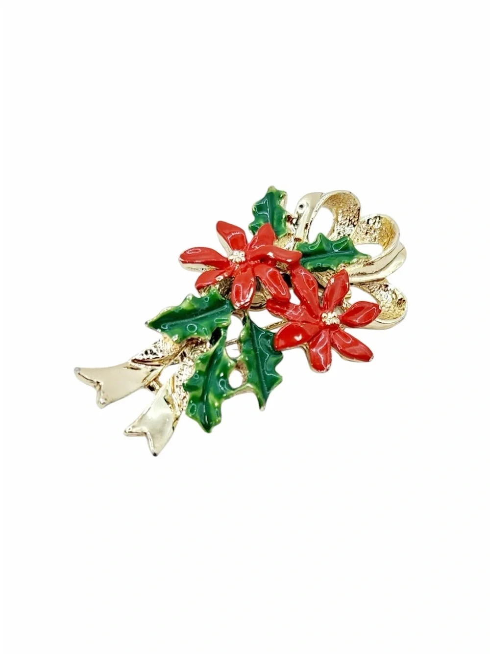 Vintage Gerry’s Christmas Poinsettia Holly Ribbon Gold Tone Enamel Brooch Pin